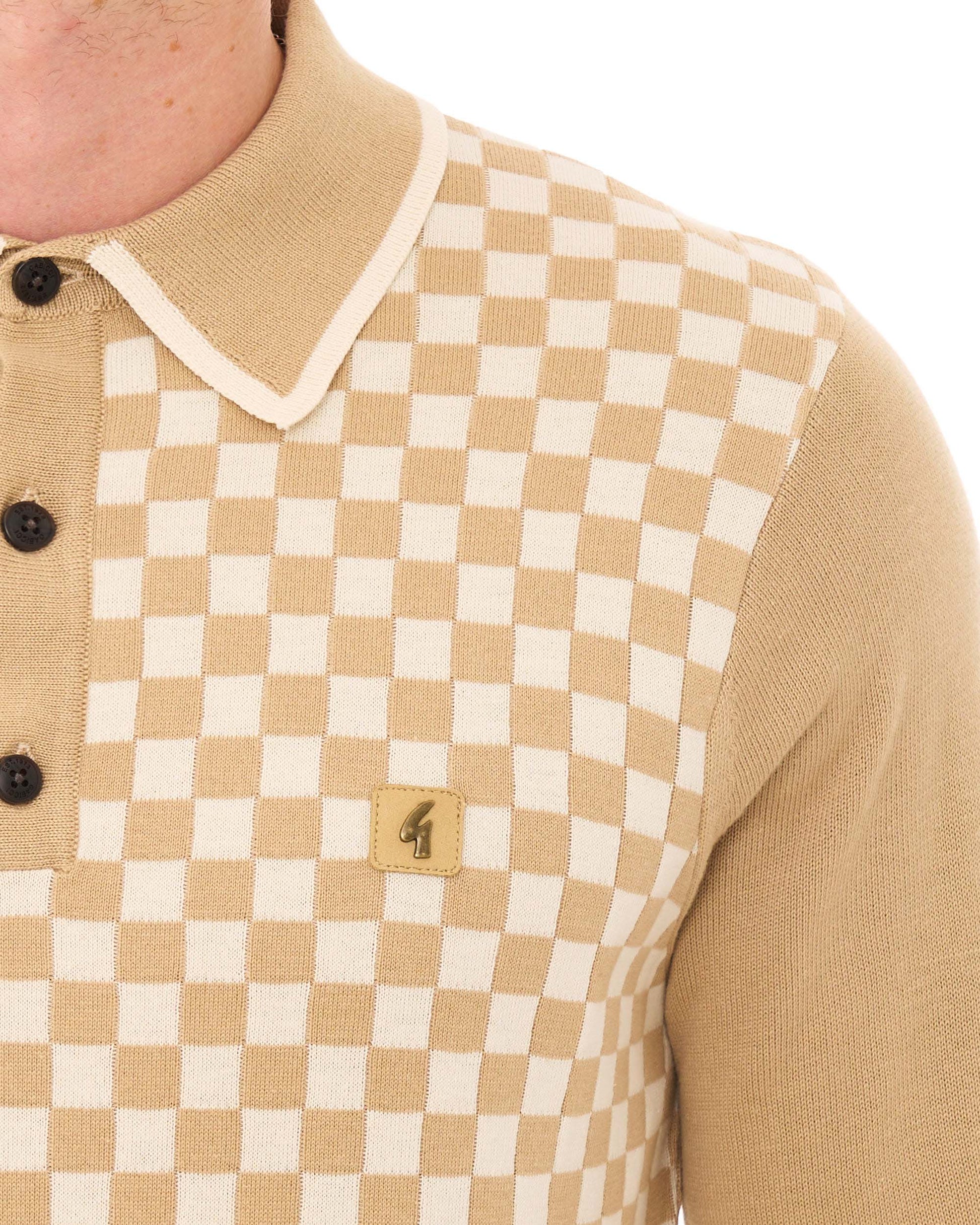 Gabicci Vintage Chequerboard LS Knit Polo Caramel