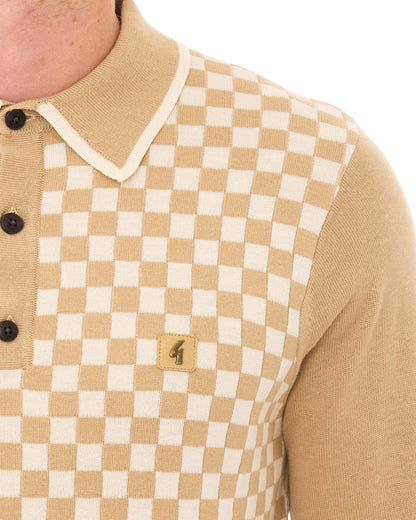 Gabicci Vintage Chequerboard LS Knit Polo Caramel
