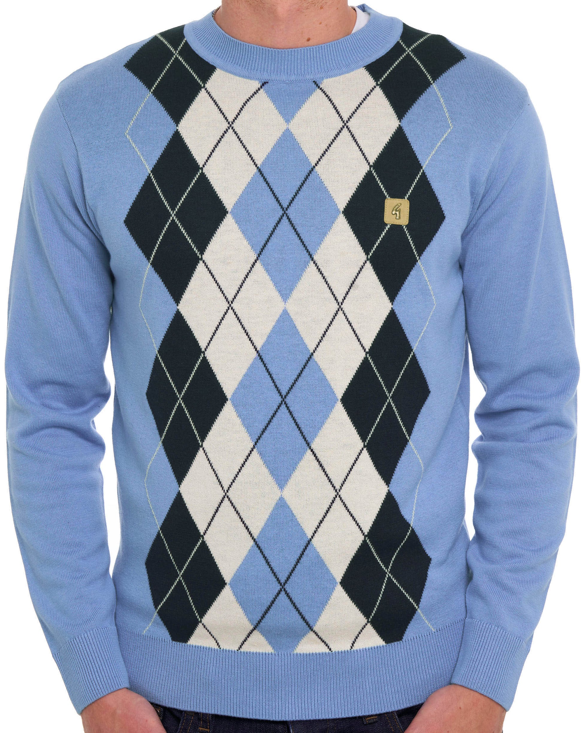 Gabicci Vintage Portrush Argyle Crew Knit Jumper Sky Blue
