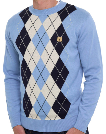Gabicci Vintage Portrush Argyle Crew Knit Jumper Sky Blue