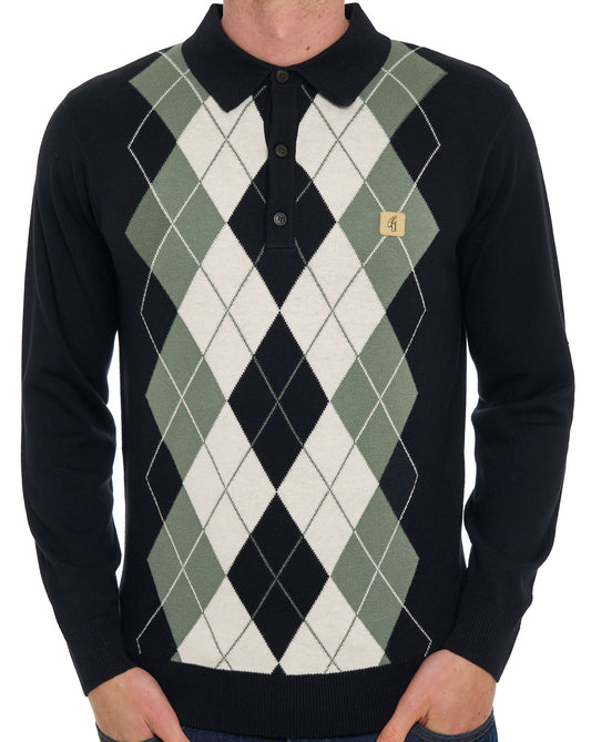 Gabicci Vintage Gabicci Vintage Argyle Diamond Knit LS Polo Black