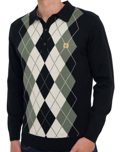 Gabicci Vintage Argyle Diamond Knit LS Polo Black