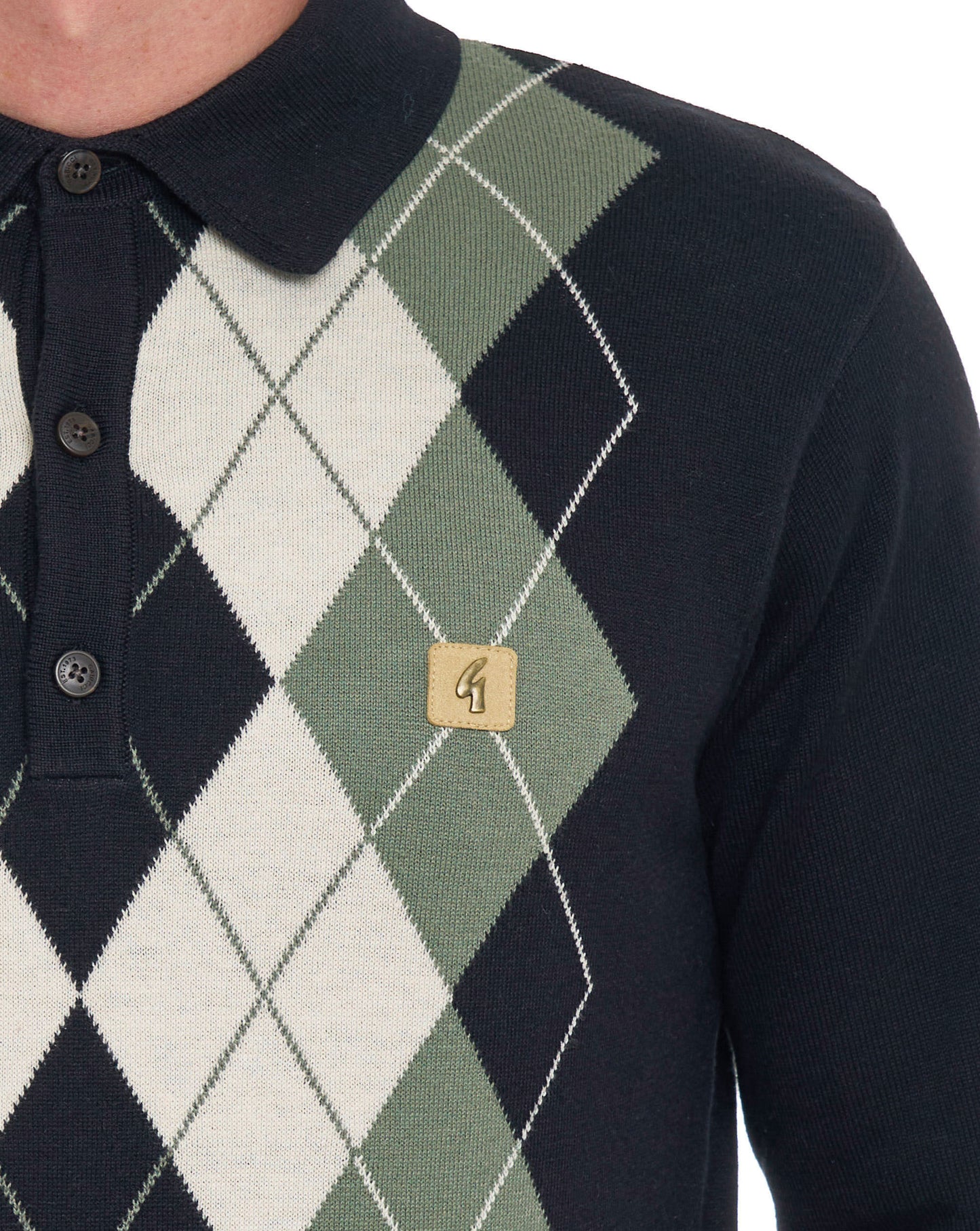 Gabicci Vintage Argyle Diamond Knit LS Polo Black