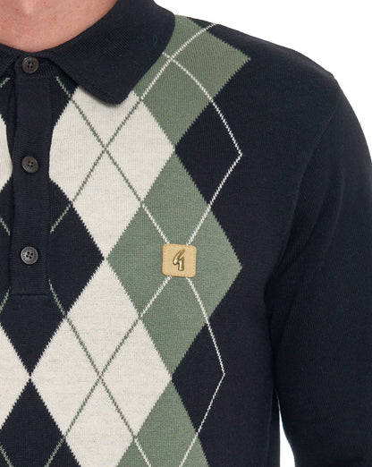 Gabicci Vintage Argyle Diamond Knit LS Polo Black