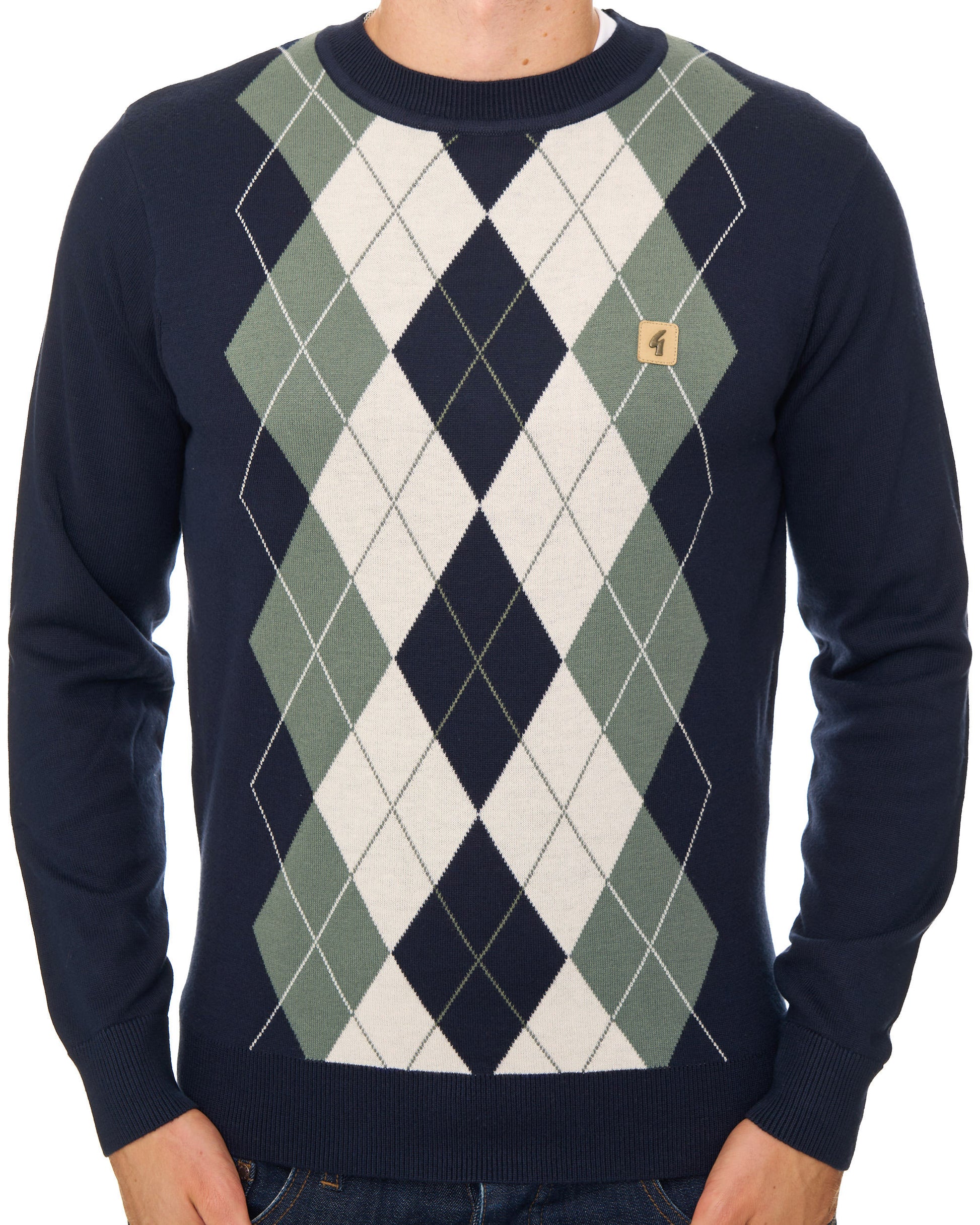 Gabicci Vintage Portrush Argyle Crew Knit Jumper Navy