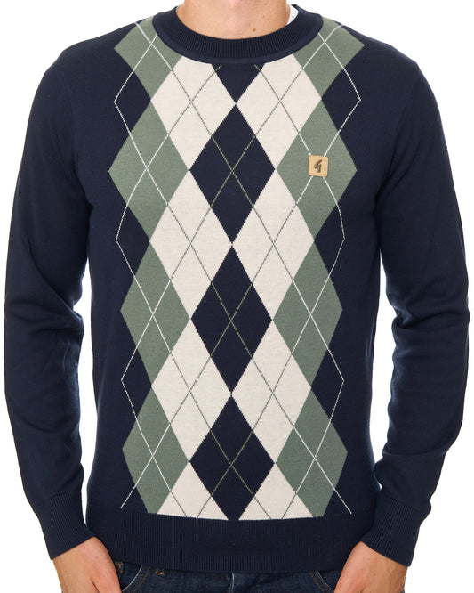 Gabicci Vintage Gabicci Vintage Portrush Argyle Crew Knit Jumper Navy