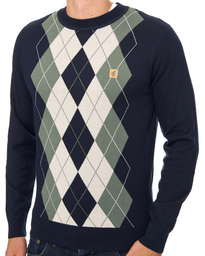 Gabicci Vintage Portrush Argyle Crew Knit Jumper Navy