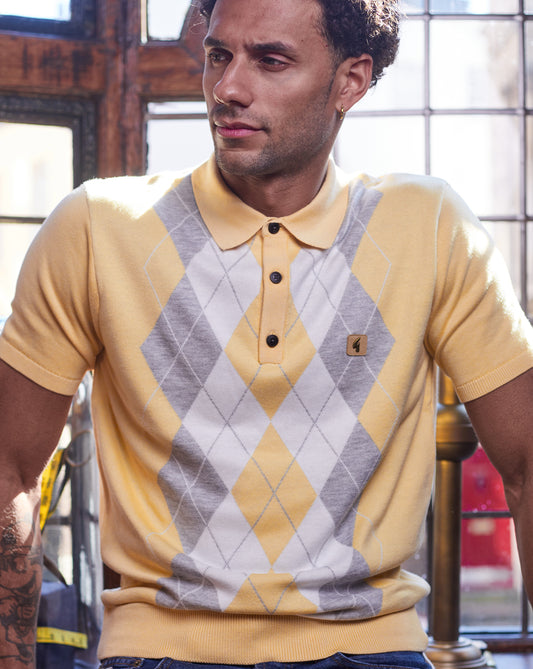 Gabicci Vintage Gabicci Vintage Argyle Diamond Knit Polo Lemon