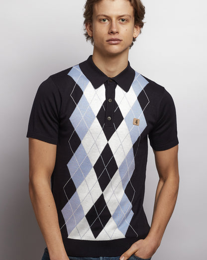 Gabicci Vintage Argyle Diamond Strick-Poloshirt Marineblau Himmelweiß