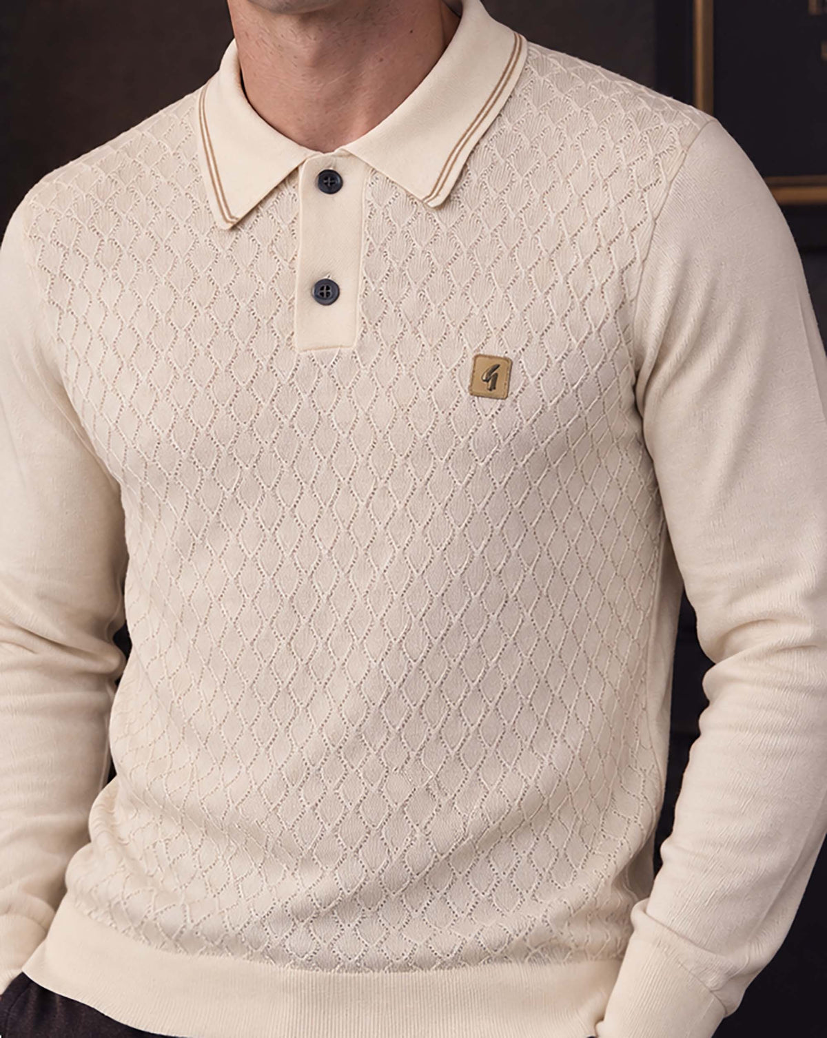 Gabicci Vintage Cambridge LS Textured Knit Polo Cream