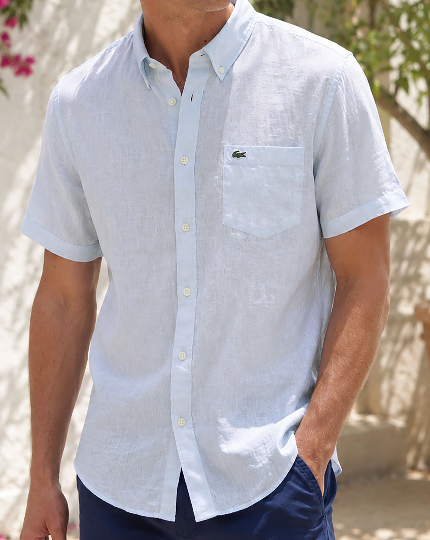 Lacoste Short Sleeve Linen Shirt Light Blue