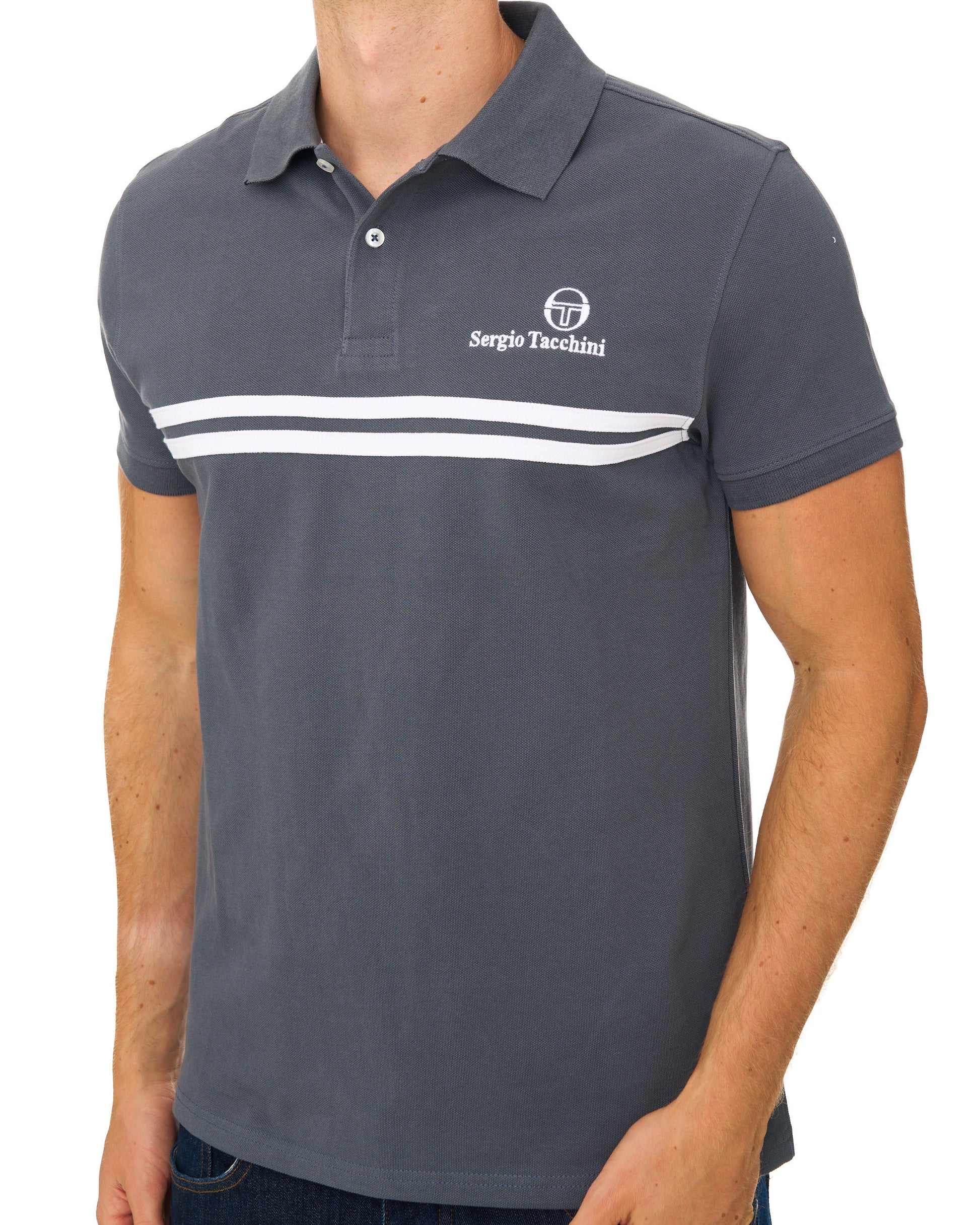Sergio Tacchini Twin Stripe Polo Shirt Dark Grey/White