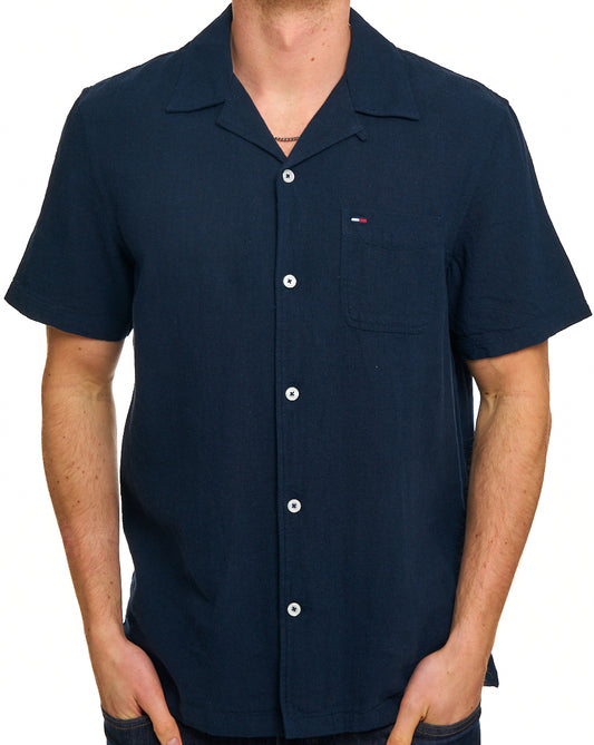 Tommy Jeans Tommy Hilfiger Leinenhemd mit Camp-Kragen, Dunkelblau