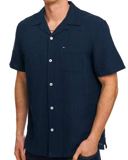 Tommy Hilfiger Leinenhemd mit Camp-Kragen, Dunkelblau