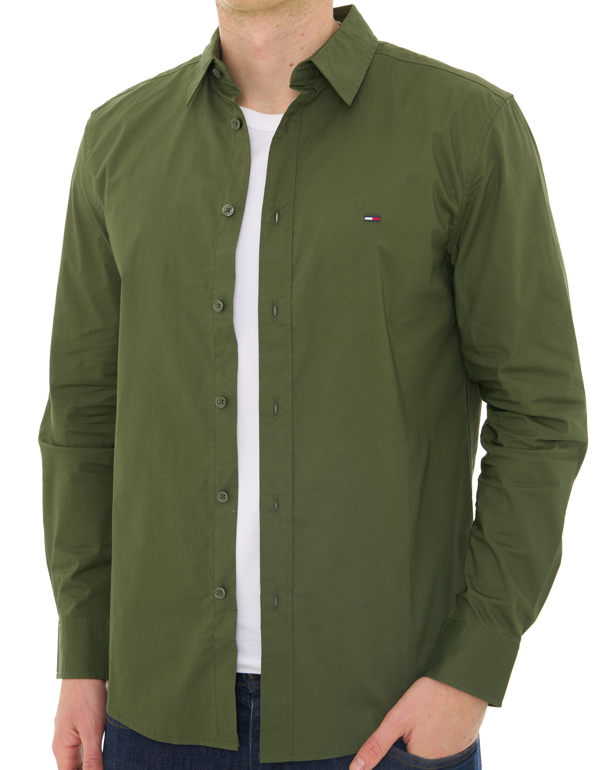 Tommy Jeans Cotton Stretch Shirt Dark Greenery