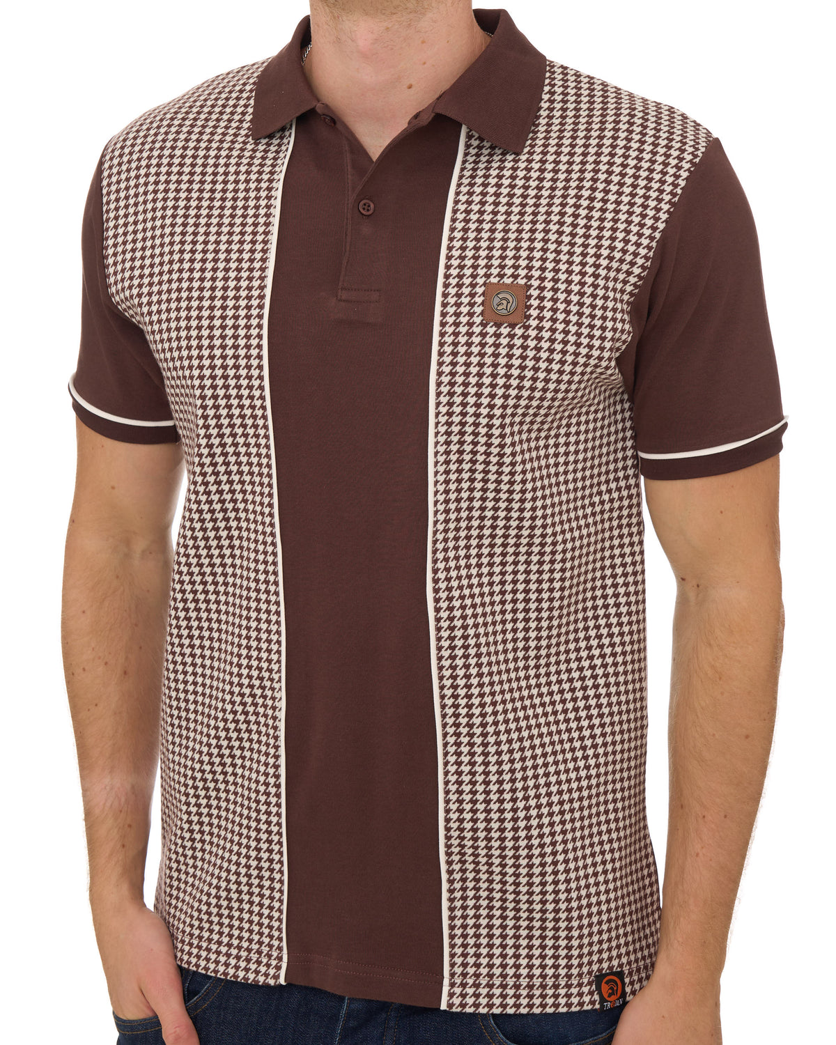Trojan Houndstooth Panel Polo Shirt Chocolate