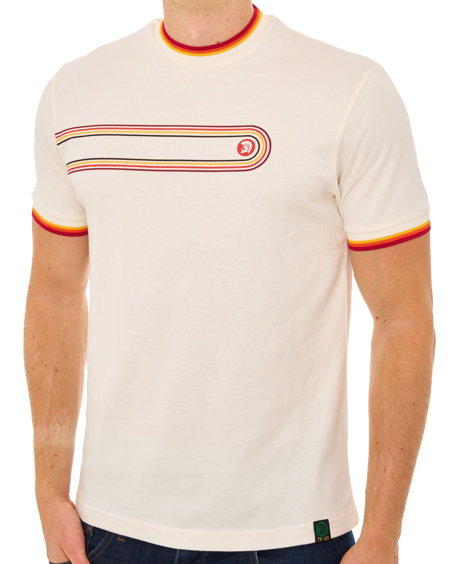 Trojan Retro Print Stripe T Shirt Ecru