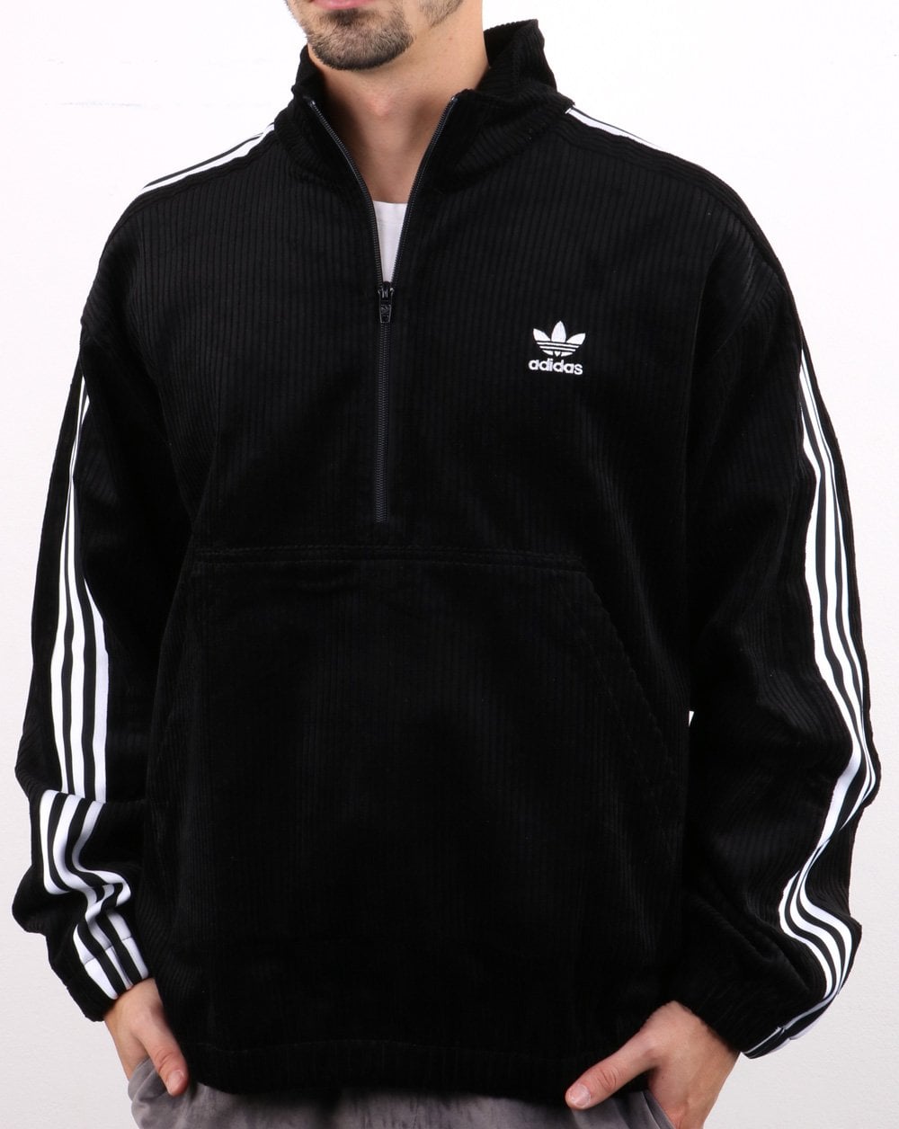 Adidas Originals – Schwarzes Cord-Oberteil mit halbem Reißverschluss