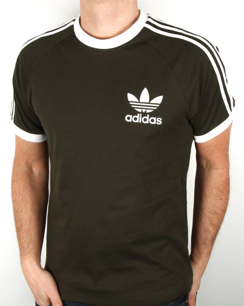 Adidas Originals Retro 3 stripe T Shirt Khaki/White