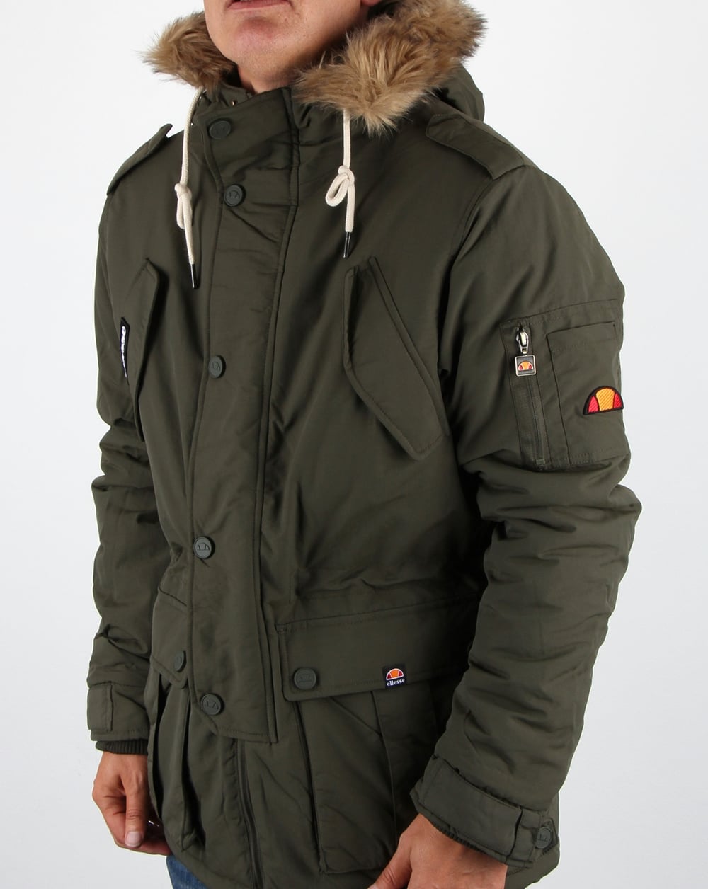 Ellesse – Parka mit Kapuze und Pelzfutter in Olivgrün