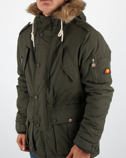 Ellesse – Parka mit Kapuze und Pelzfutter in Olivgrün