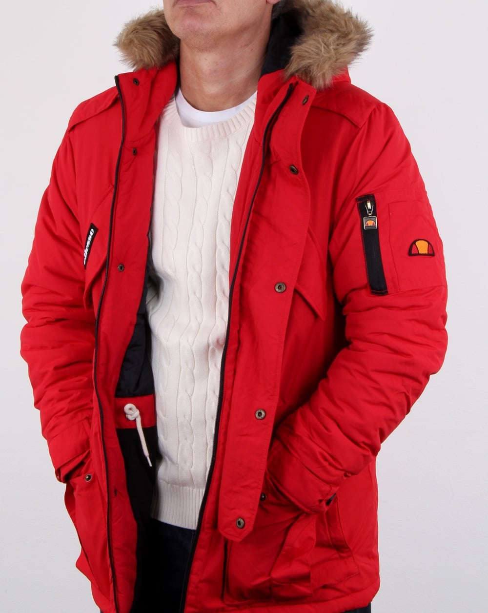 Ellesse – Parka mit Kapuze und Pelzfutter in Rot