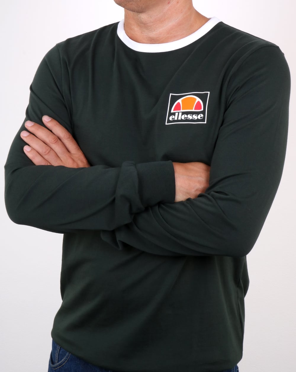 Ellesse Long Sleeve Ringer T Shirt Dark Green- White