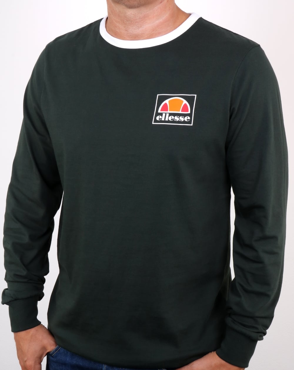 Ellesse Long Sleeve Ringer T Shirt Dark Green- White
