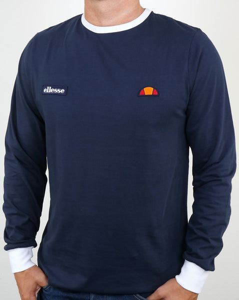 Ellesse Twin badge Long Sleeve Ringer T Shirt Navy