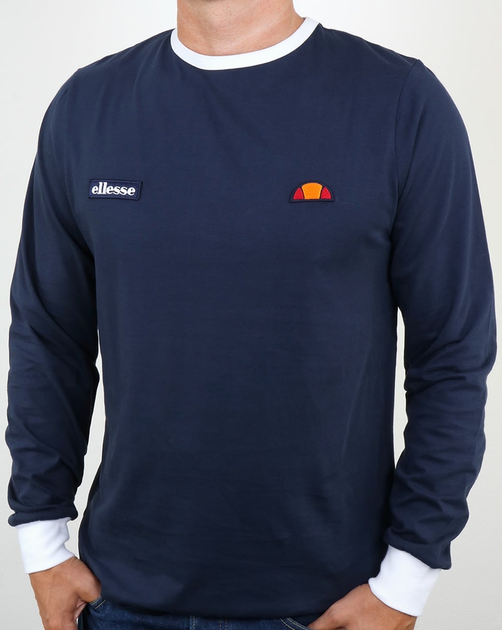 Ellesse – Ringer-T-Shirt mit Twin-Badge und langen Ärmeln, Marineblau