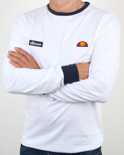 Ellesse – Ringer-T-Shirt mit langem Arm und Twin-Badge in Weiß