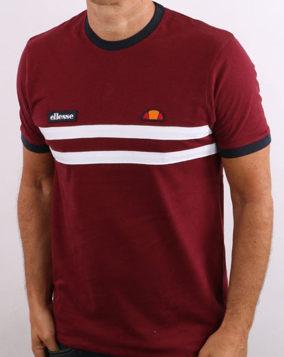 Ellesse – T-Shirt mit zwei Streifen, Burgunderrot/Weiß/Marineblau