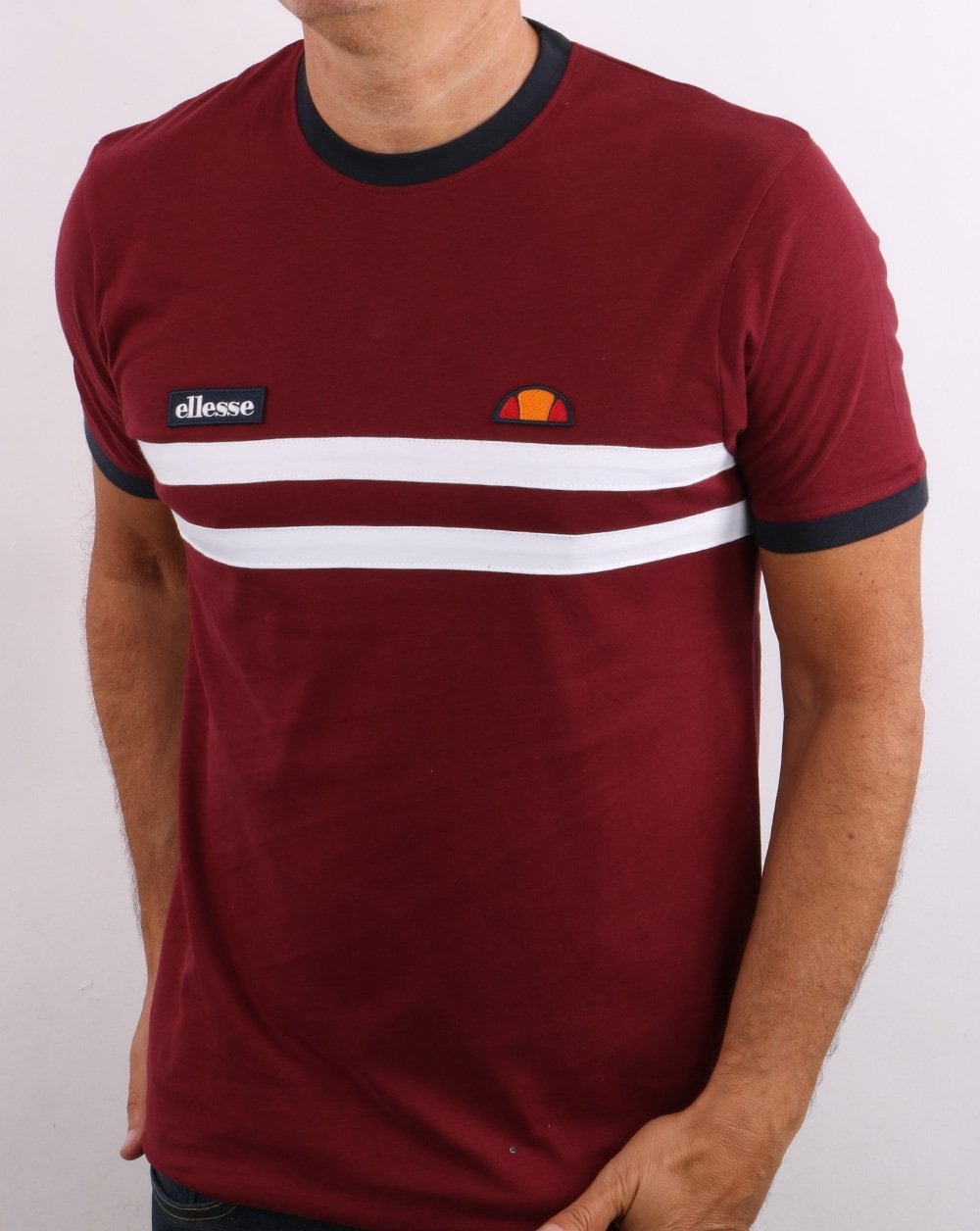 Ellesse – T-Shirt mit zwei Streifen, Burgunderrot/Weiß/Marineblau