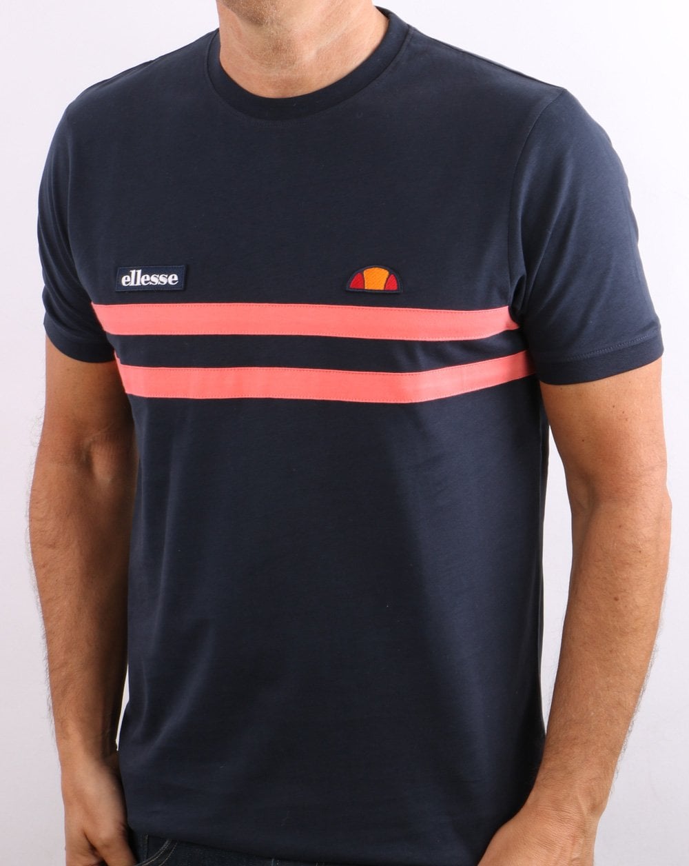 Ellesse – T-Shirt mit zwei Streifen, Marineblau/Koralle
