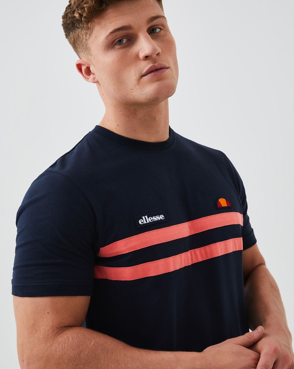 Ellesse Two Stripe T Shirt Navy/Coral