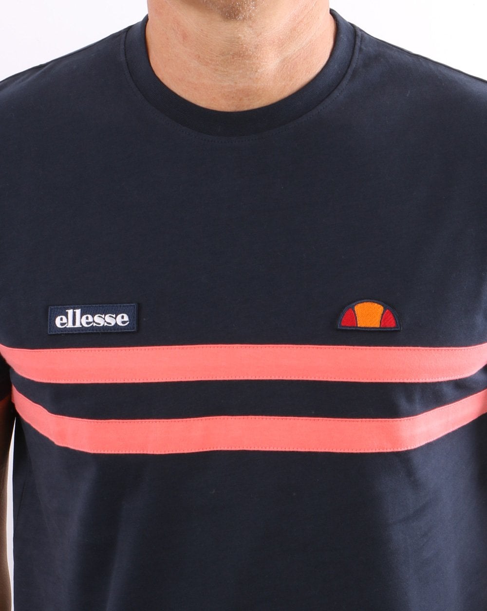 Ellesse – T-Shirt mit zwei Streifen, Marineblau/Koralle