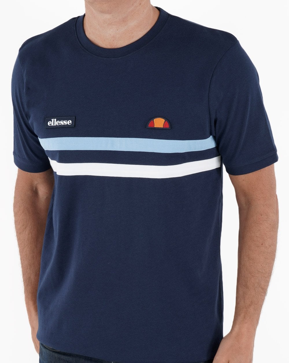 Ellesse – T-Shirt mit zwei Streifen, Marineblau/Himmelblau/Weiß