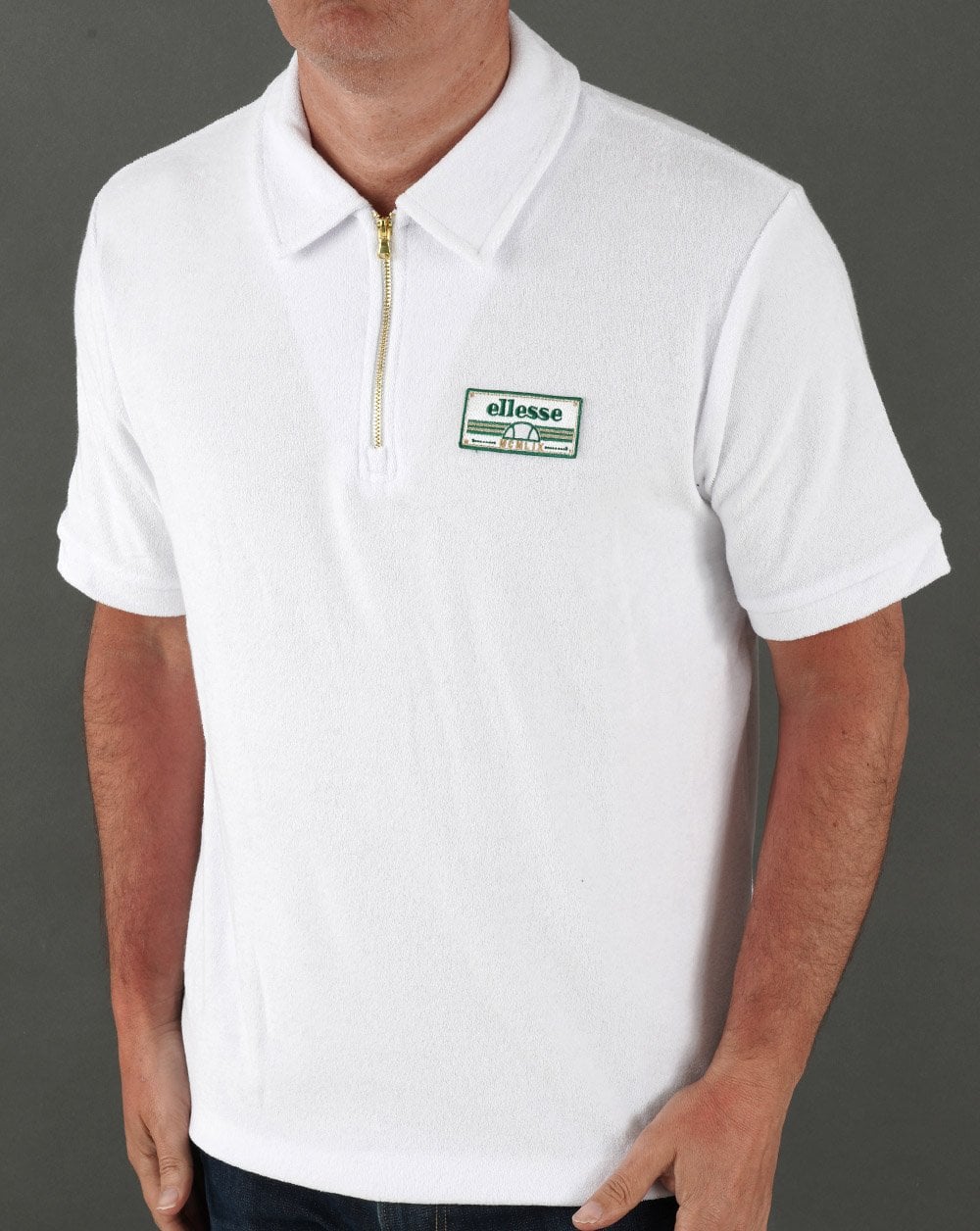 Ellesse – Frottee-Poloshirt mit Reißverschluss in Weiß