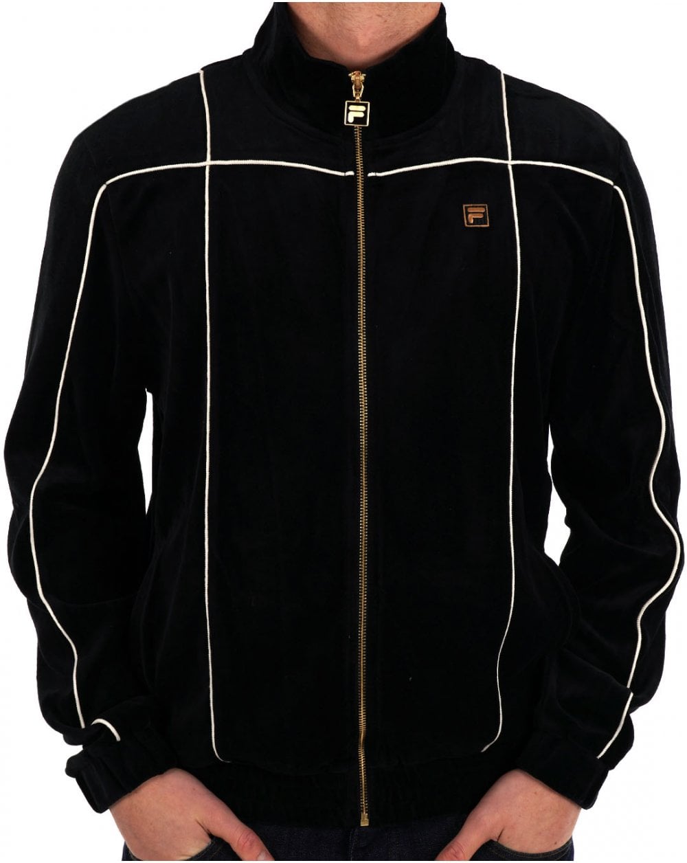 Fila Gold – Schwarzes Velours-Trainingsoberteil mit Paspelierung