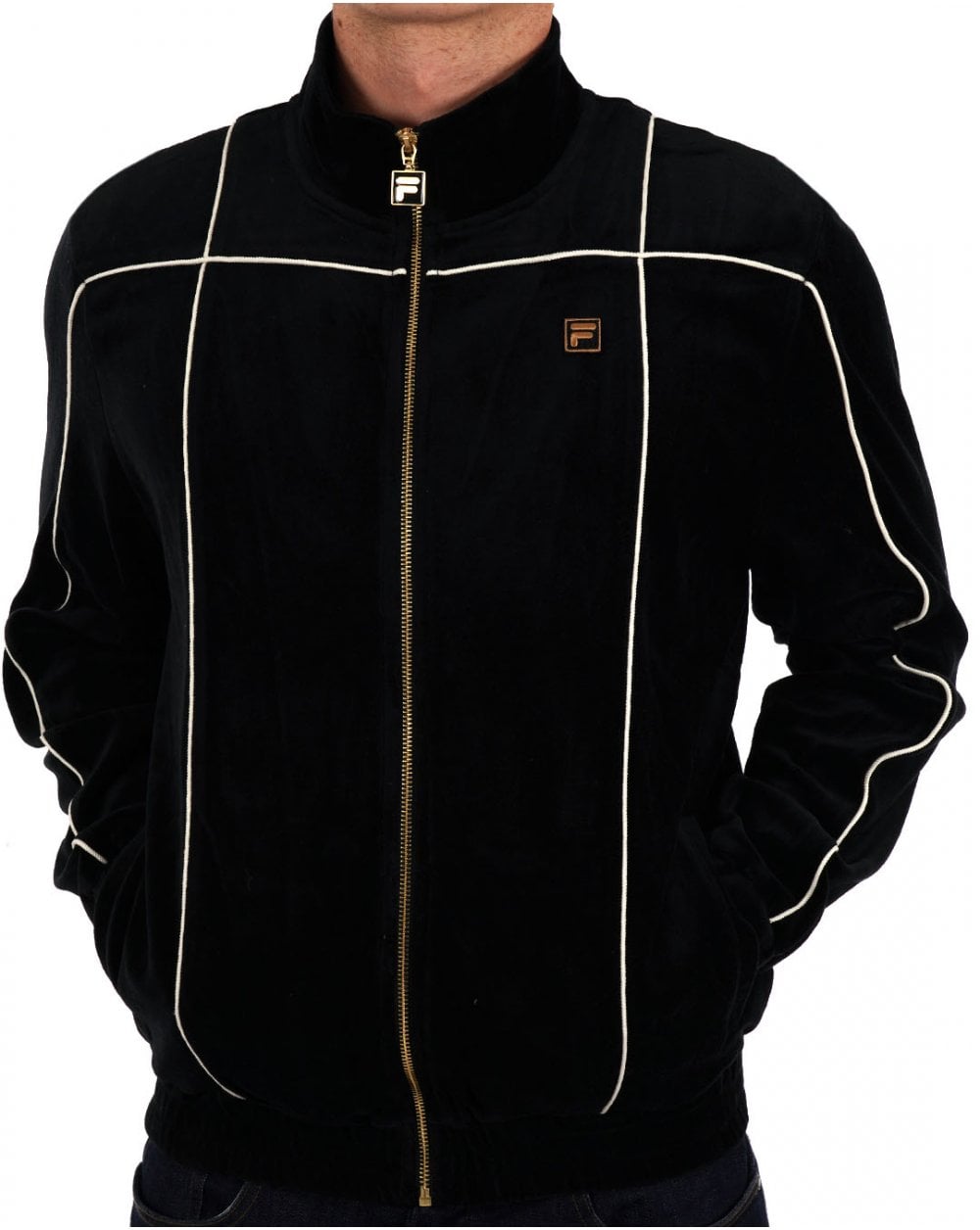 Fila Gold – Schwarzes Velours-Trainingsoberteil mit Paspelierung