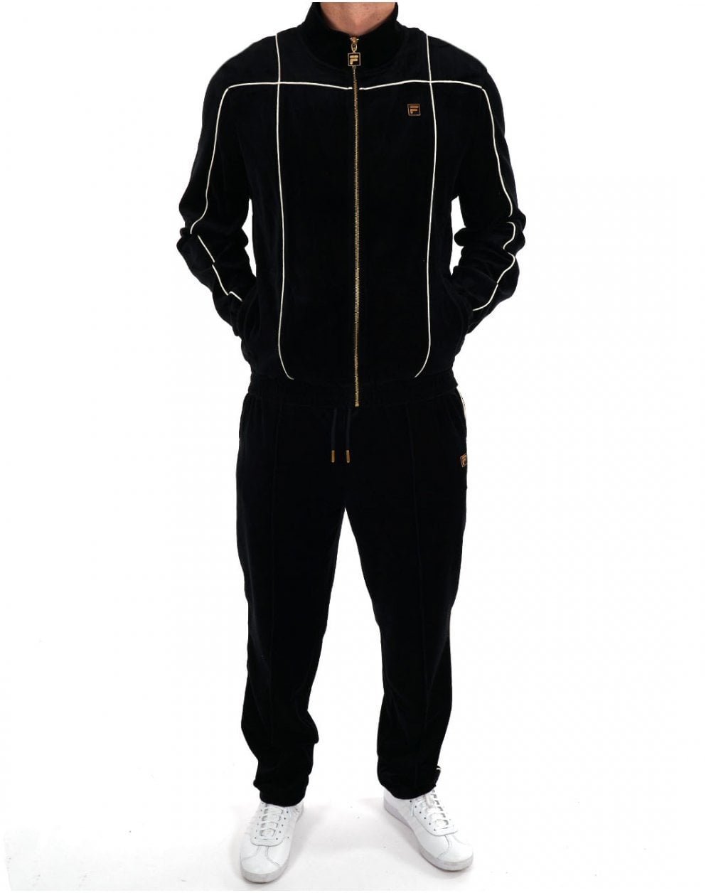 Fila Gold – Schwarzes Velours-Trainingsoberteil mit Paspelierung