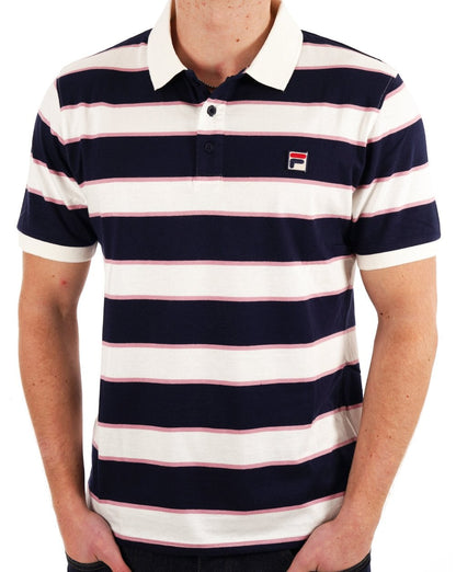 Fila Vintage Blockstreifen-Poloshirt in Marineblau Gardenia