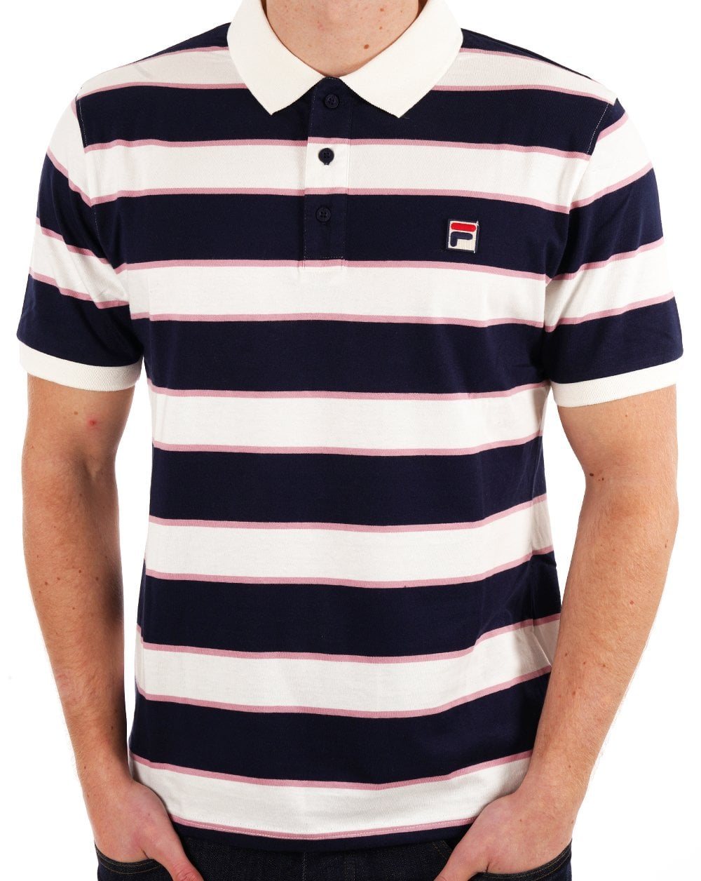 Fila Vintage Blockstreifen-Poloshirt in Marineblau Gardenia