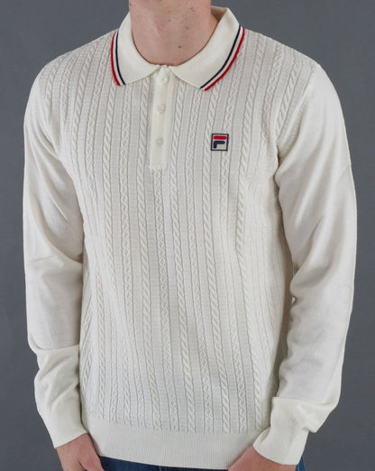 Fila Vintage-Poloshirt mit Zopfmuster in Off-White
