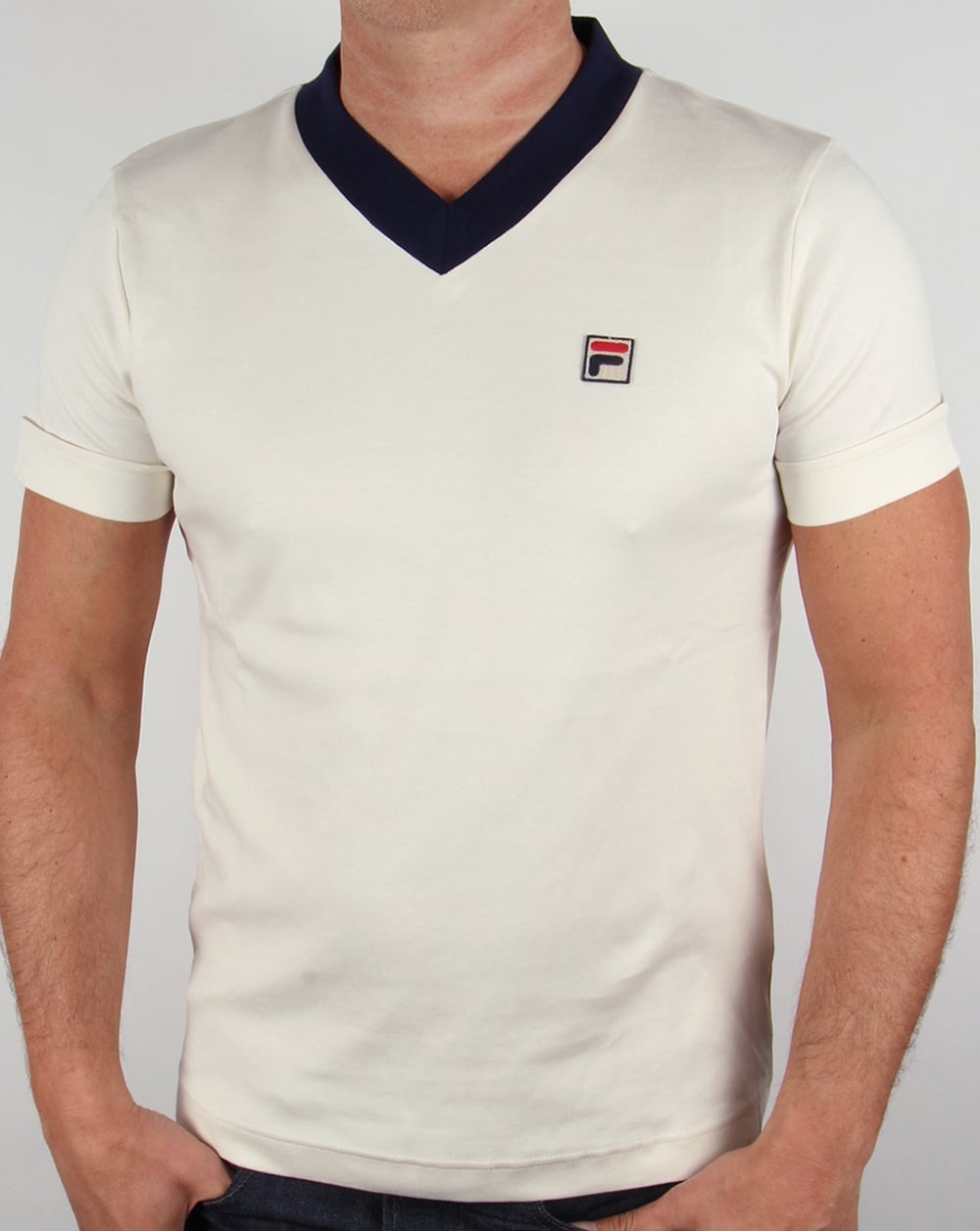 Fila Vintage Carrack V Neck T-shirt Gardenia/Navy