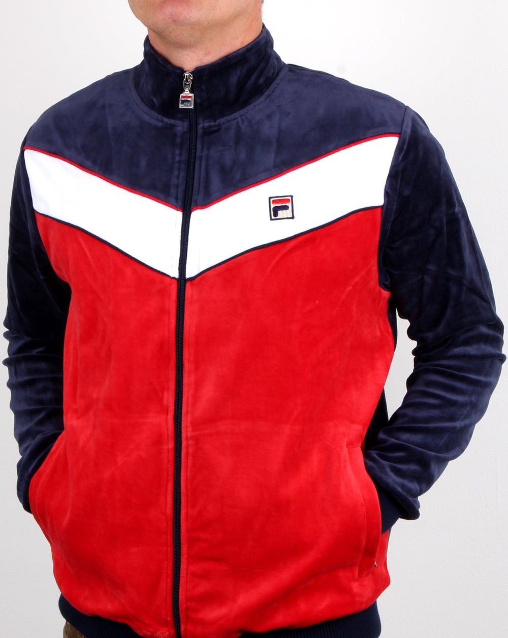 Fila Vintage Chevron Velours-Trainingsjacke Marineblau/Rot/Weiß