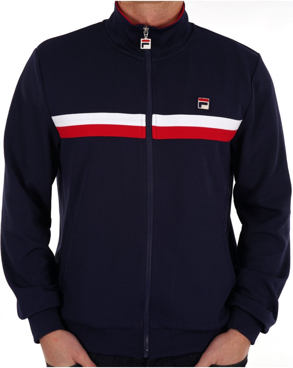 Fila – Vintage – Trainingsjacke mit Streifen in Marineblau mit Duo-Bruststreifen