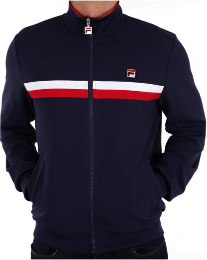 Fila – Vintage – Trainingsjacke mit Streifen in Marineblau mit Duo-Bruststreifen