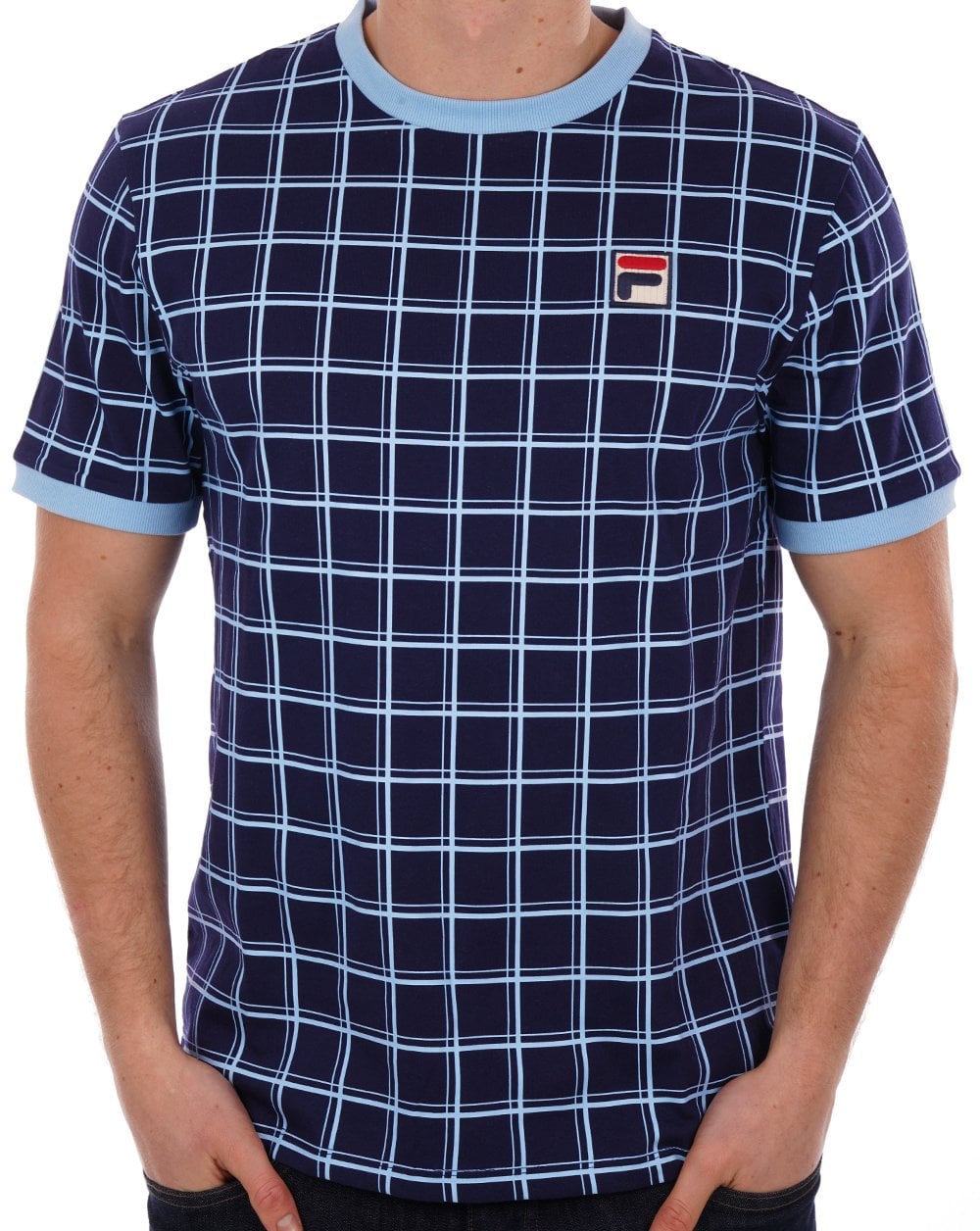 Fila Vintage Freddie Windowpane T Shirt Navy/Sky Blue