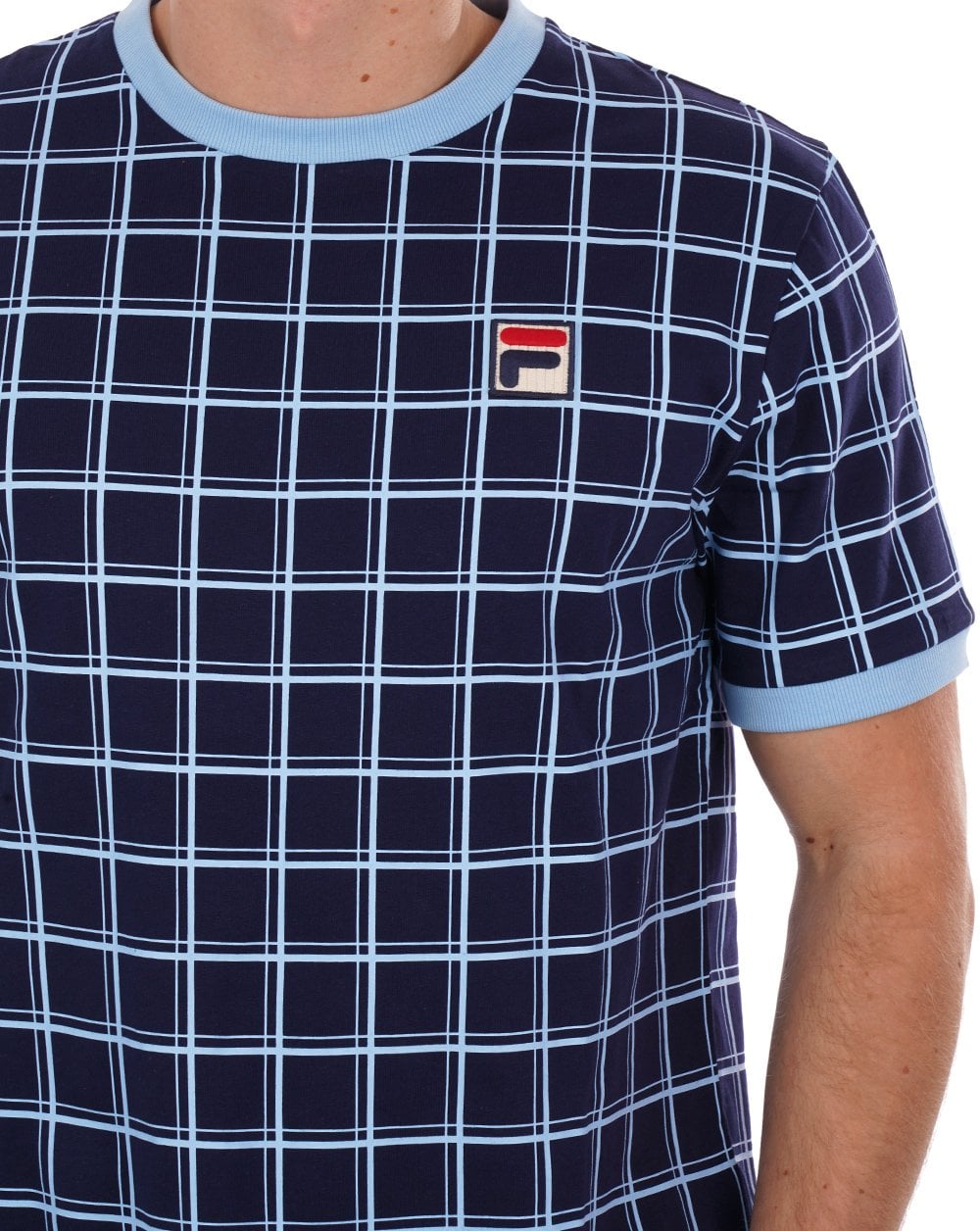 Fila Vintage Freddie Windowpane T Shirt Navy/Sky Blue
